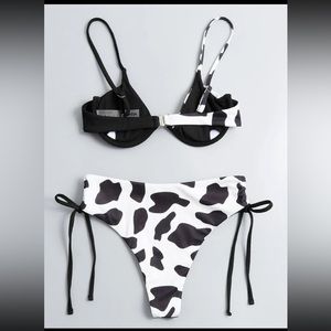 Shein Swim Cow Print High Waisted Bikini With Ties And Bra Like Top Black White Poshmark